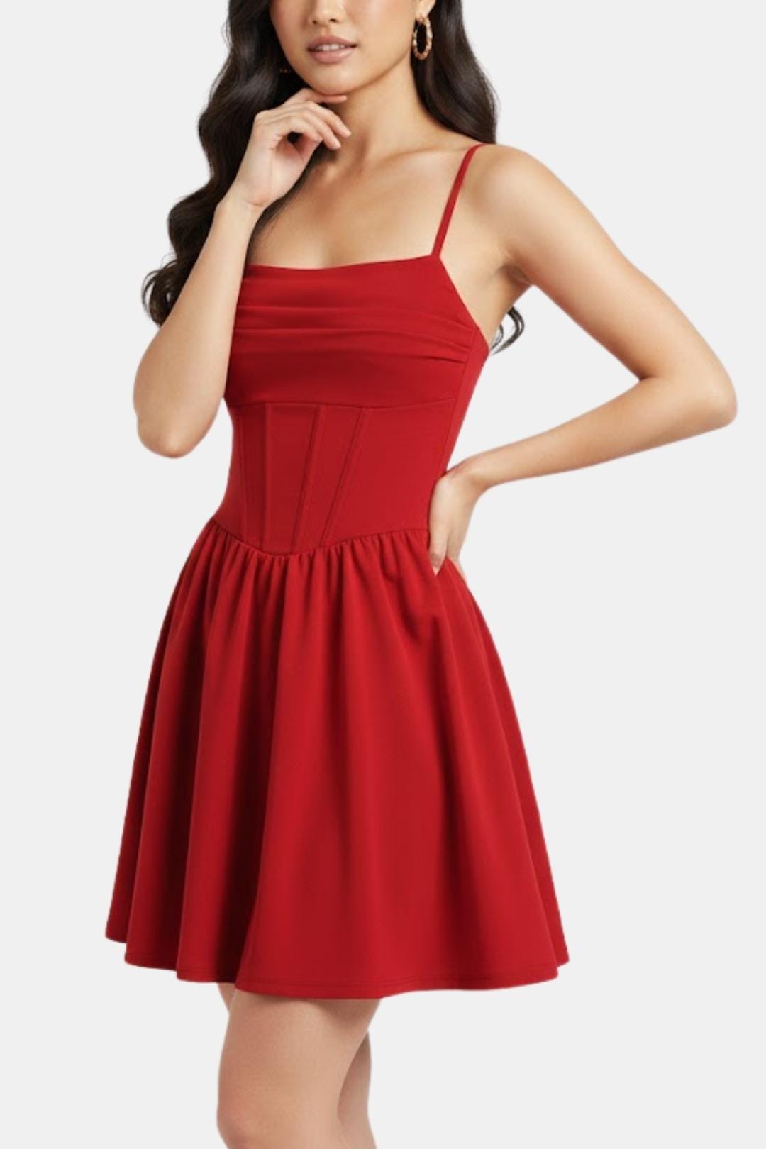 Red dress worn by a model on a white background