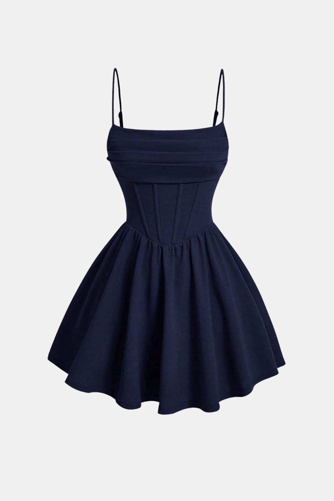 Navy blue dress with thin straps on a light gray background