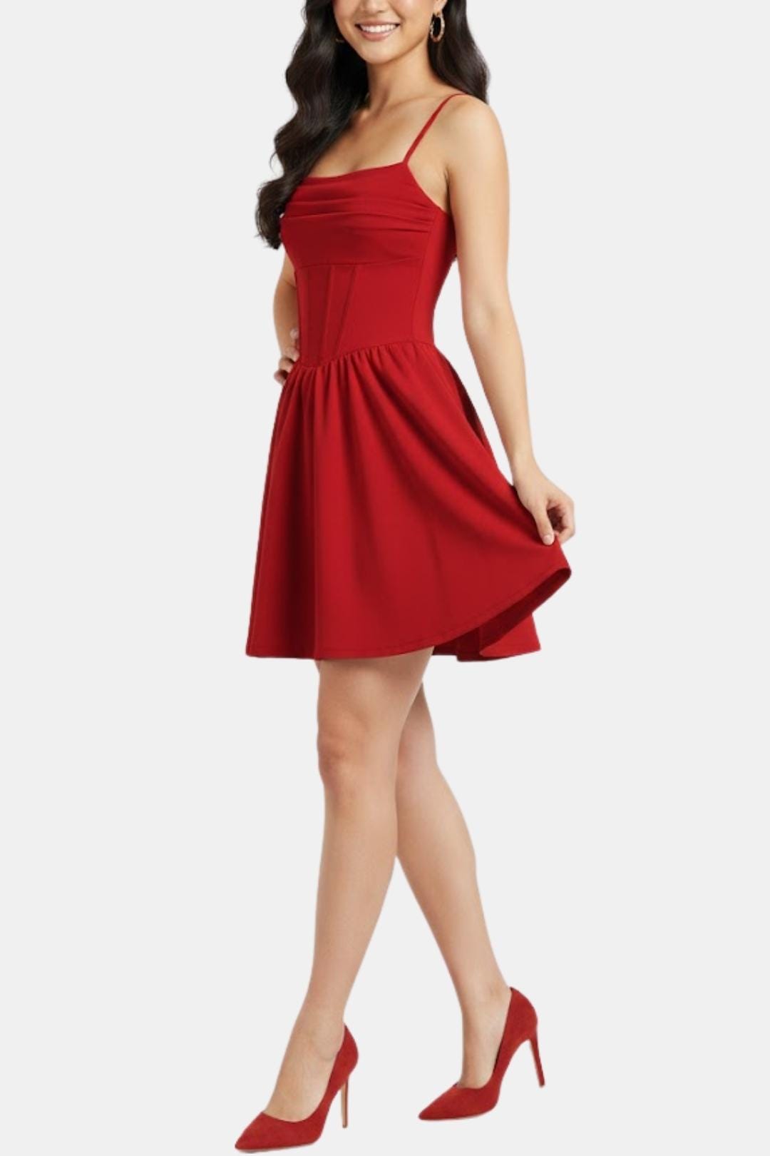 Woman wearing a red dress on a white background