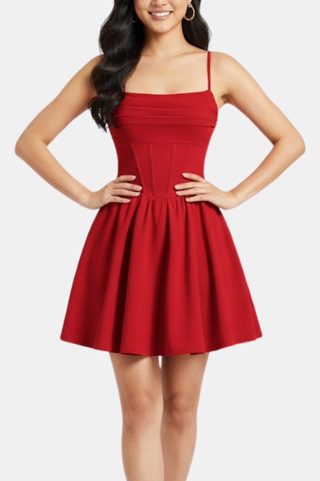 Red dress worn by a model on a white background