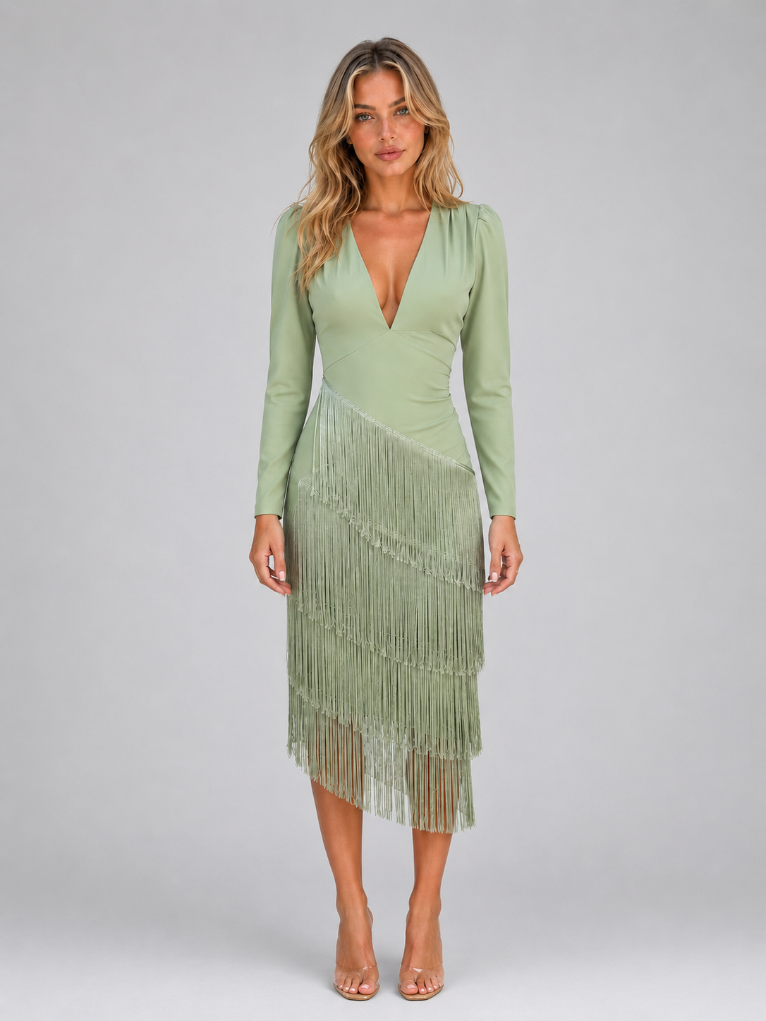 Sylvie fringe midi occasion dress - front view