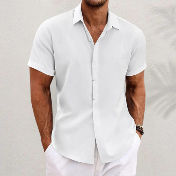 Thaddeus linen collared shirt - styled view