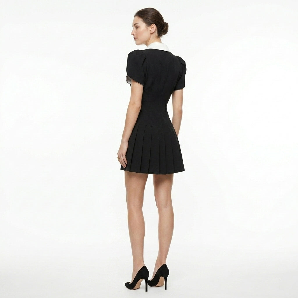 Theodora shawl lapel wedding guest mini dress - back view