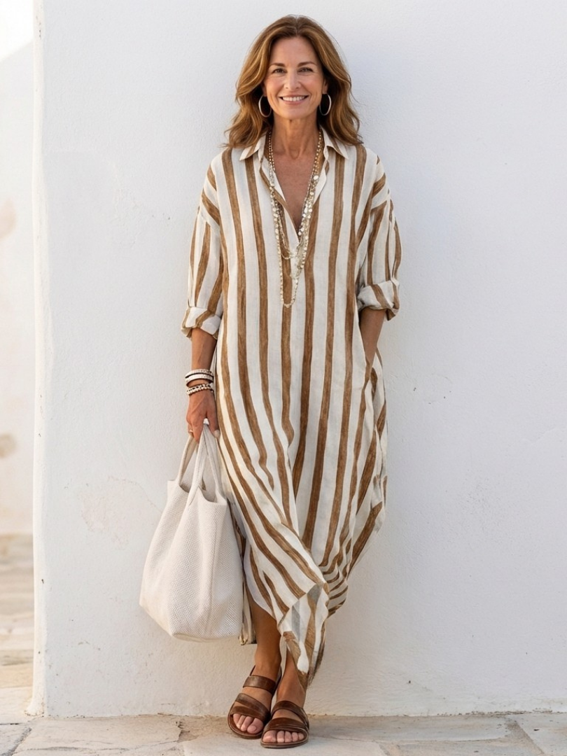 trine striped midi shirt dress - close up