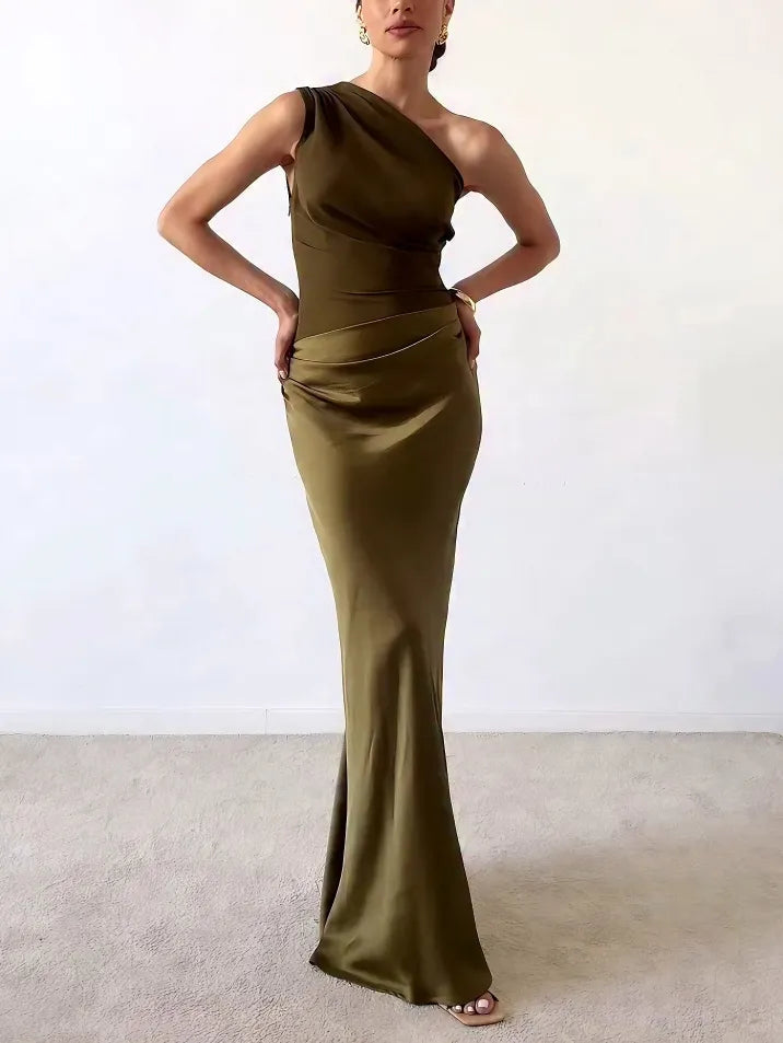 Trude one shoulder maxi evening dress - side view