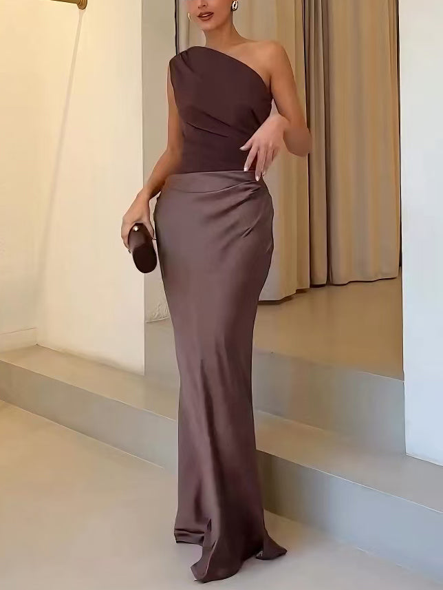 Trude one shoulder maxi evening dress - close up