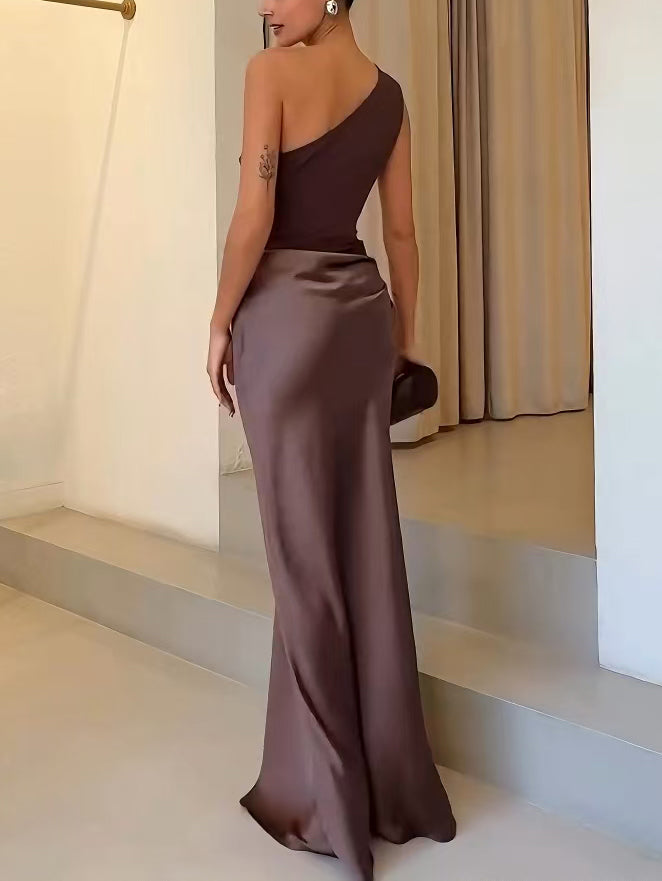 Trude one shoulder maxi evening dress - close up