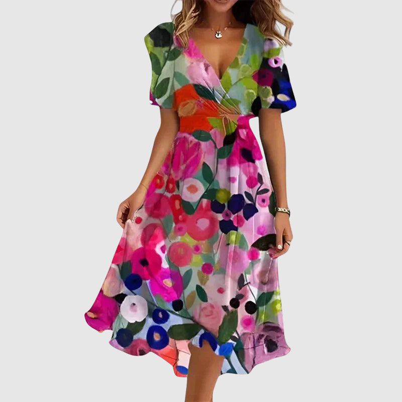 Ulla floral V neck midi dress - full look