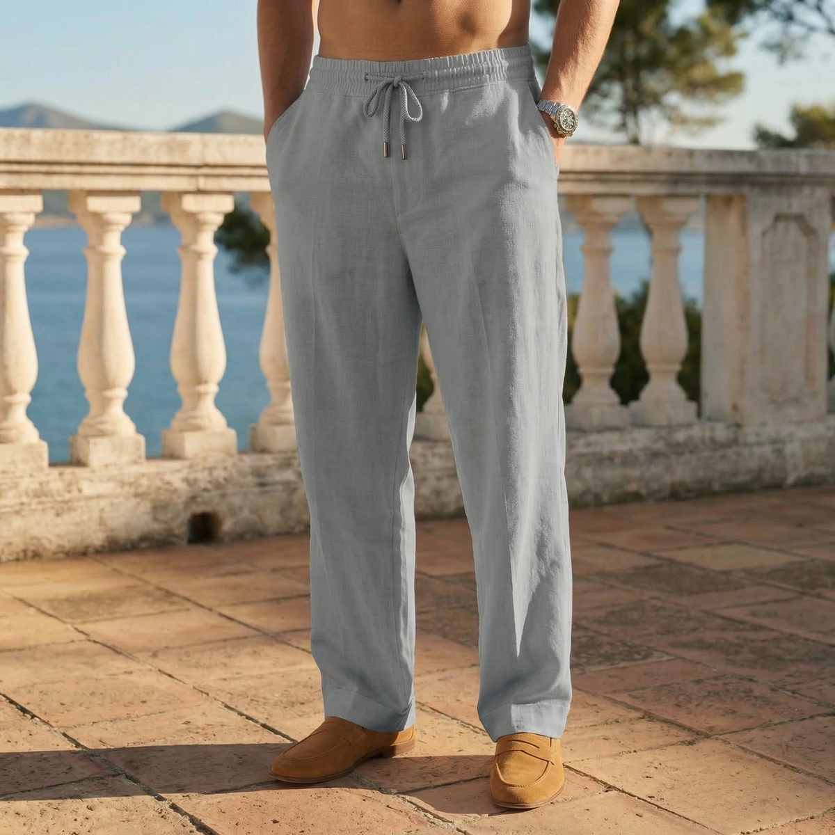Ulysses linen track pants - styled view