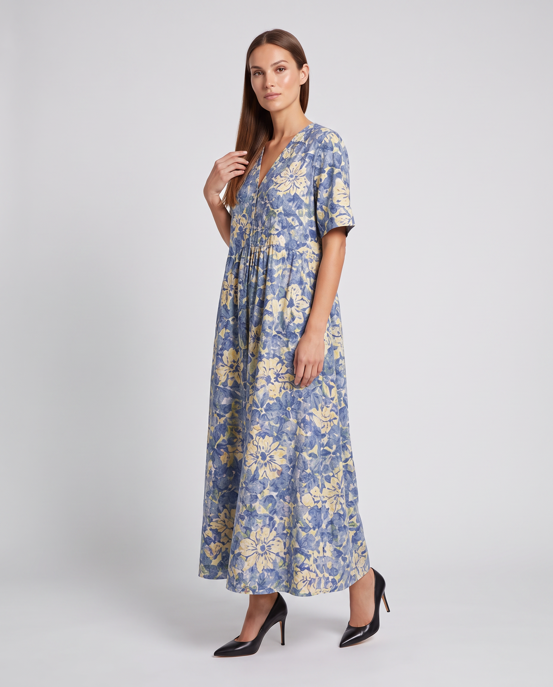 unity blue floral V neck midi dress - front view