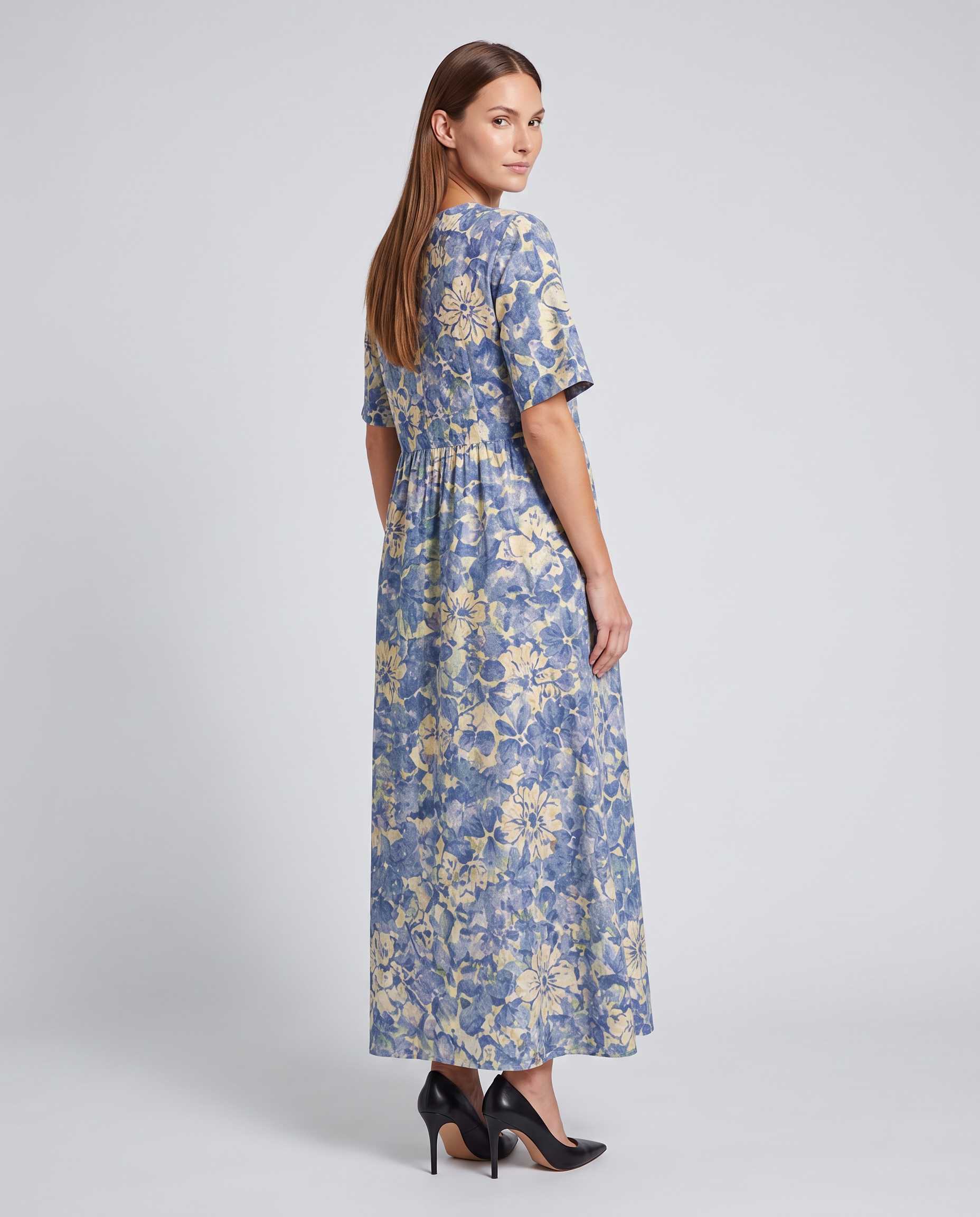 unity blue floral V neck midi dress - side view