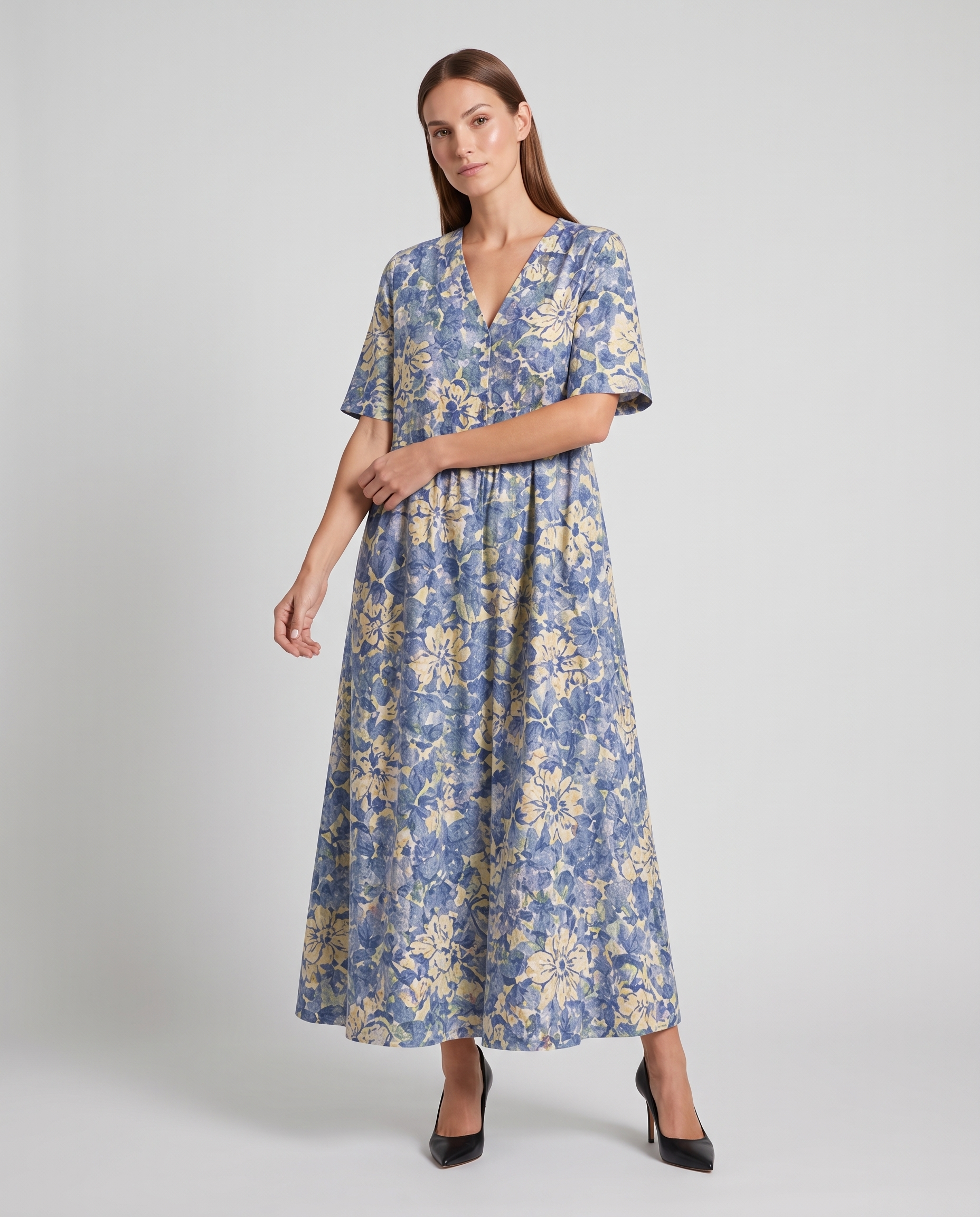 unity blue floral V neck midi dress - back view