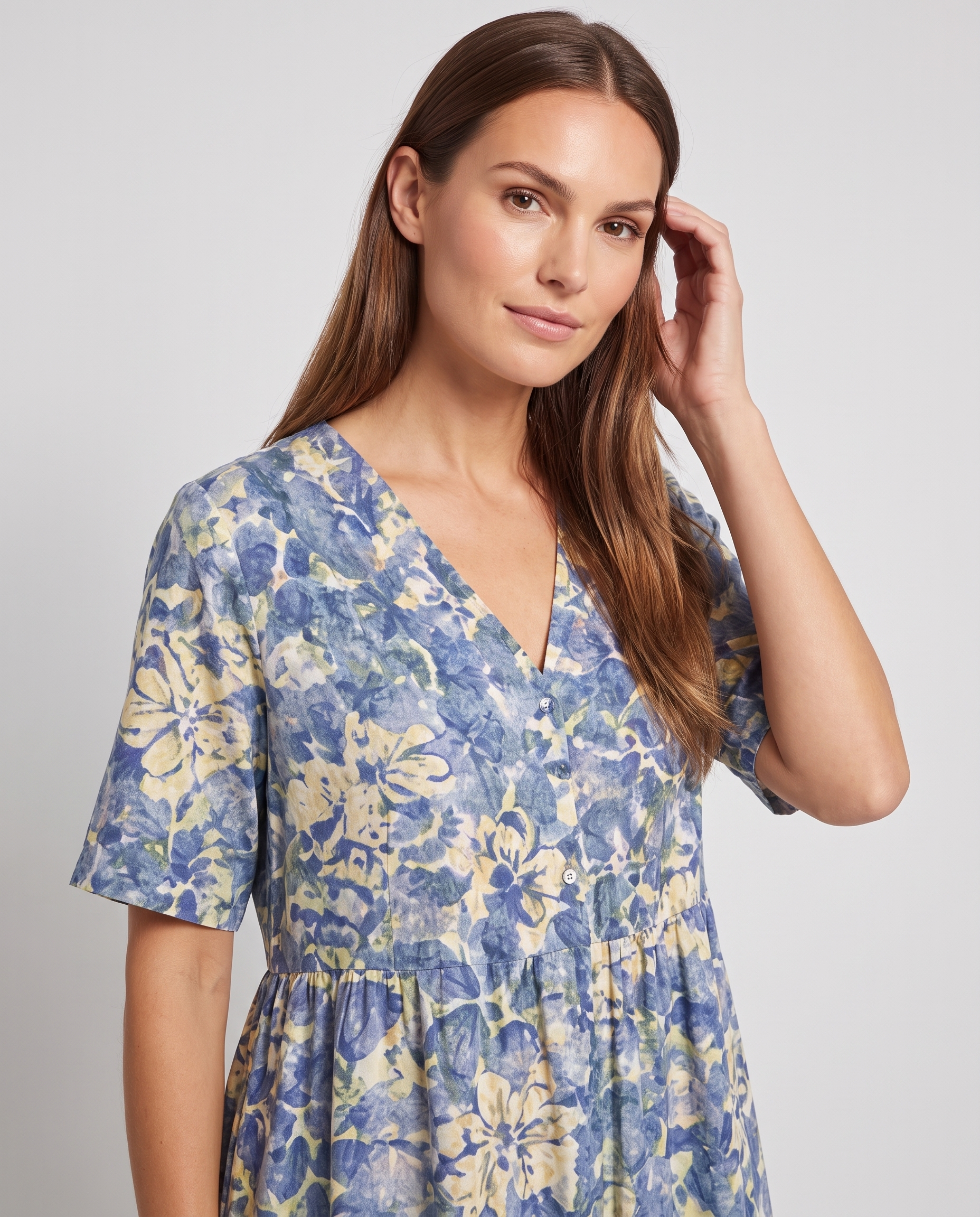 unity blue floral V neck midi dress - styled outfit