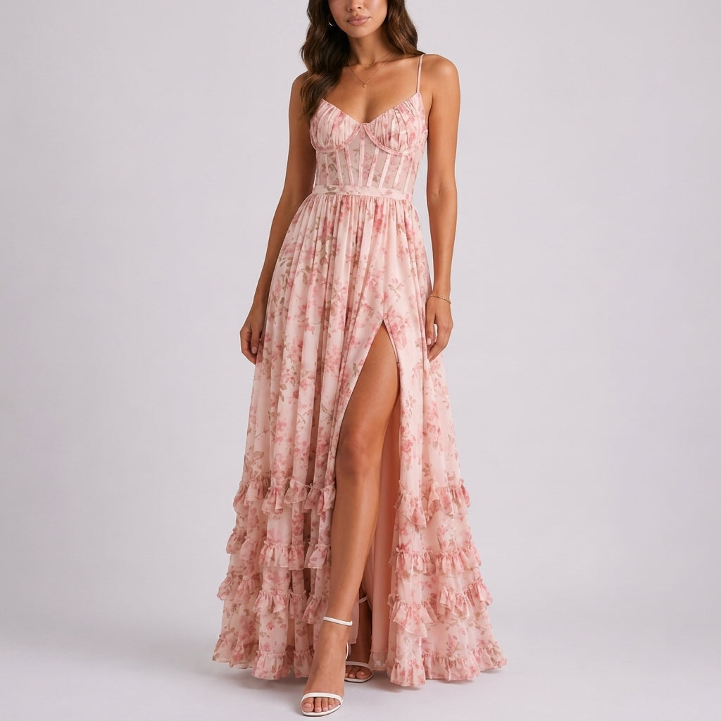 Ursula pink floral corset maxi wedding guest dress - front view