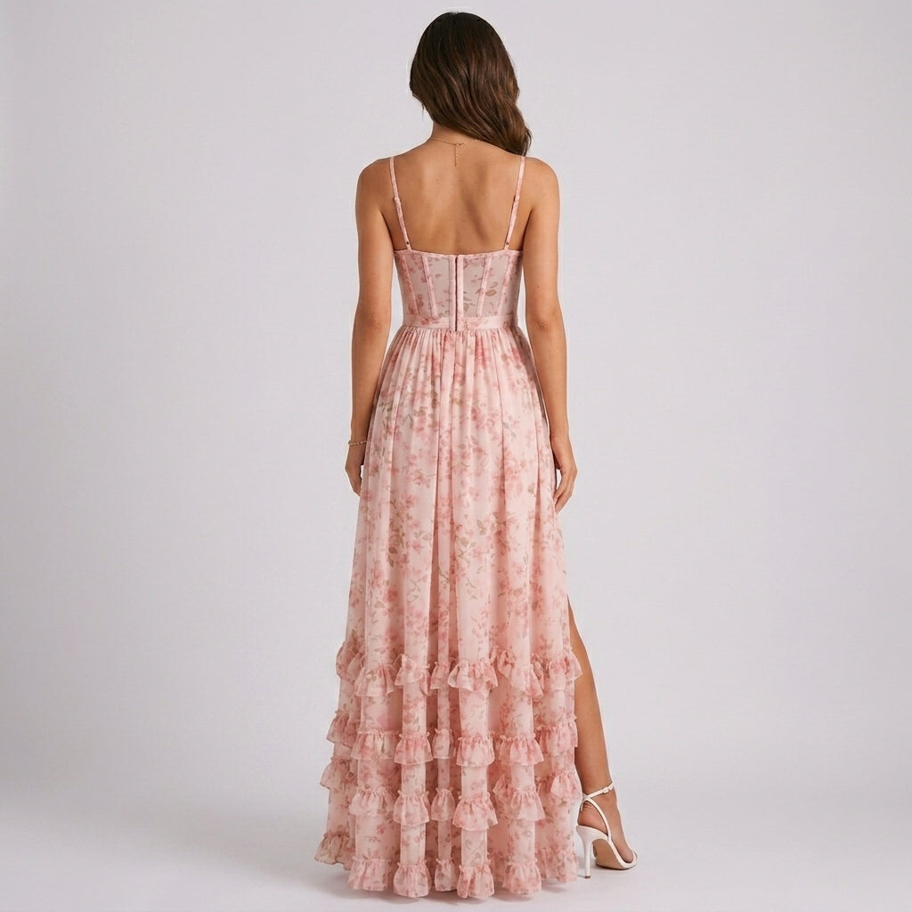 Ursula pink floral corset maxi wedding guest dress - side view