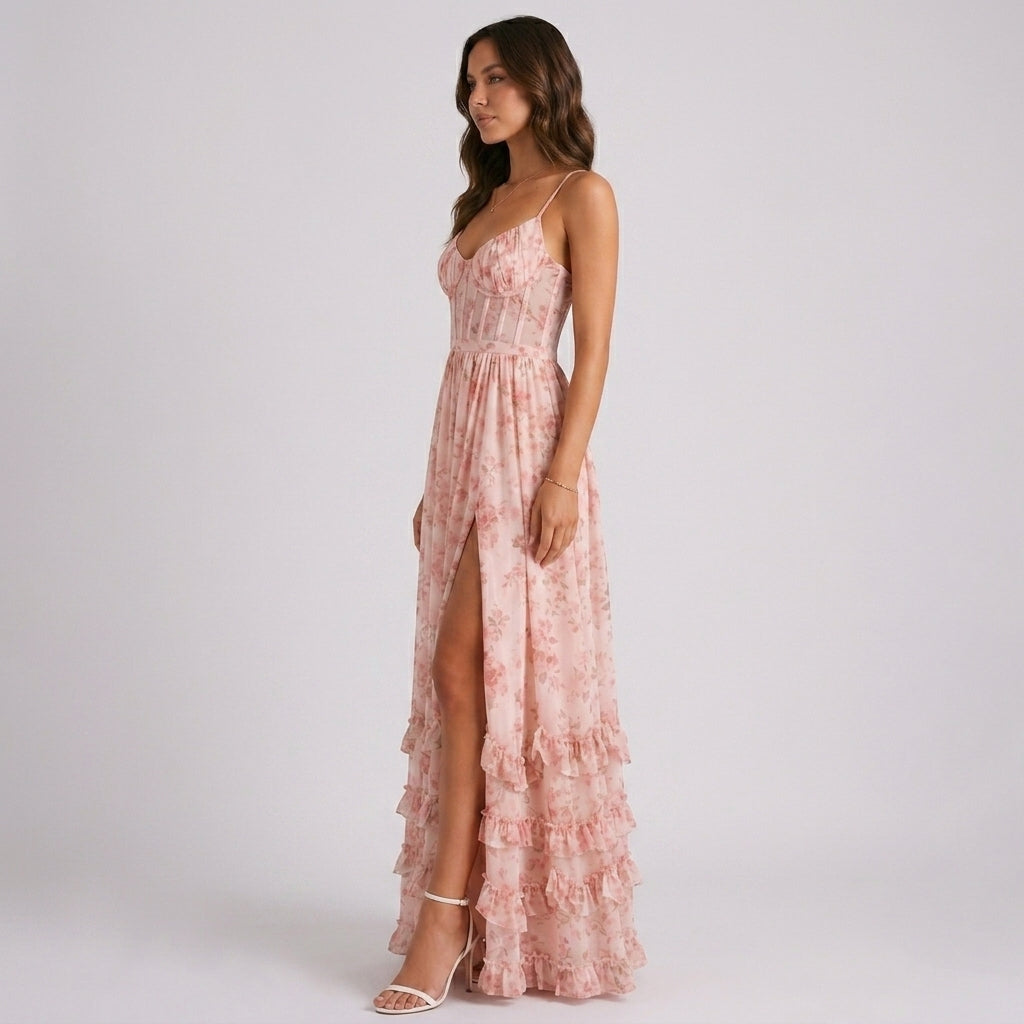 Ursula pink floral corset maxi wedding guest dress - back view