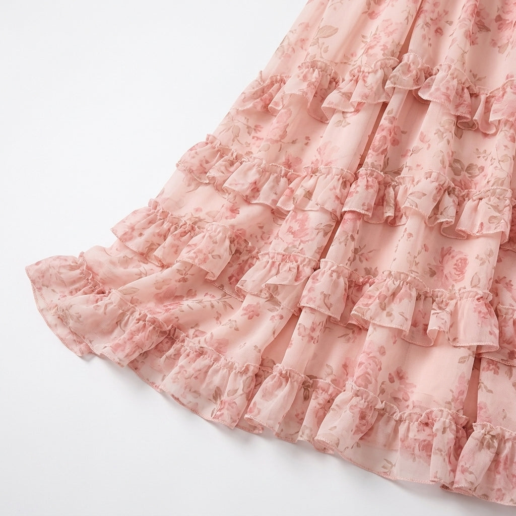 Ursula pink floral corset maxi wedding guest dress - detail view