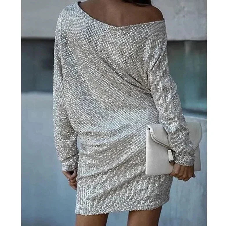 Valentina off shoulder sequin mini dress - close up