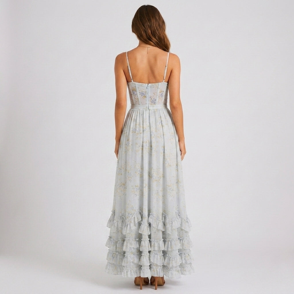 Valeria floral corset maxi wedding guest dress - side view