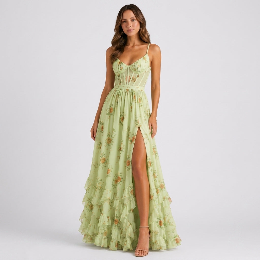 Valeria floral corset maxi wedding guest dress - back view