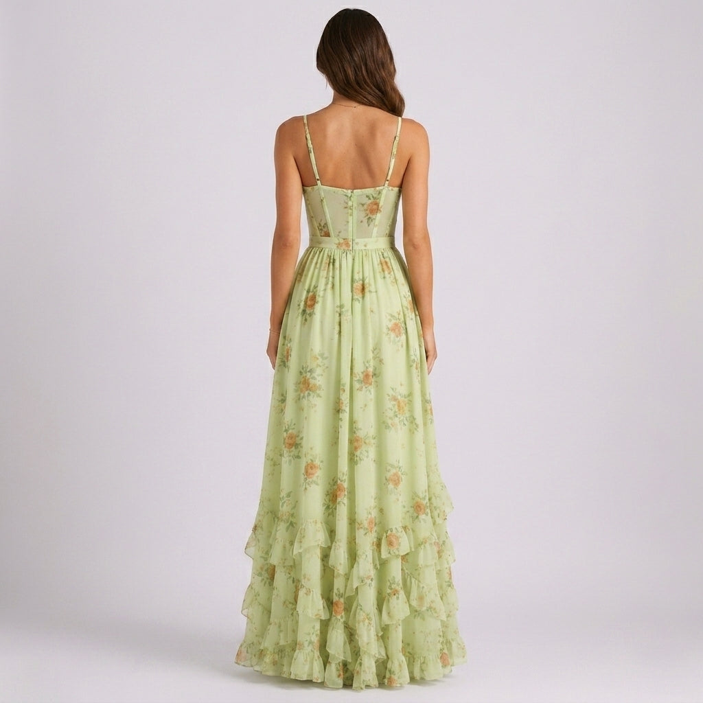Valeria floral corset maxi wedding guest dress - detail view