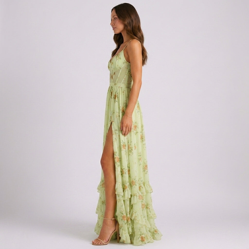 Valeria floral corset maxi wedding guest dress - close up