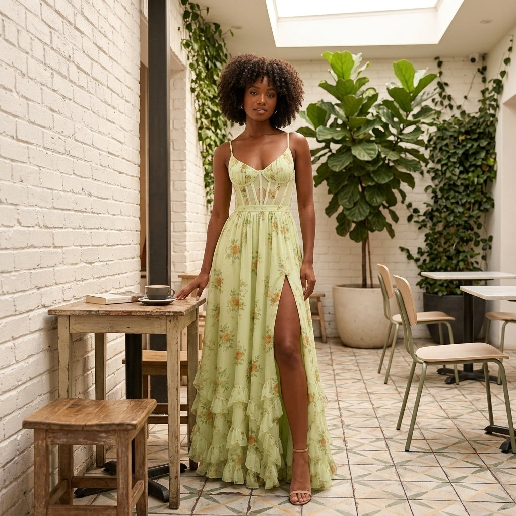 Valeria floral corset maxi wedding guest dress - styled outfit