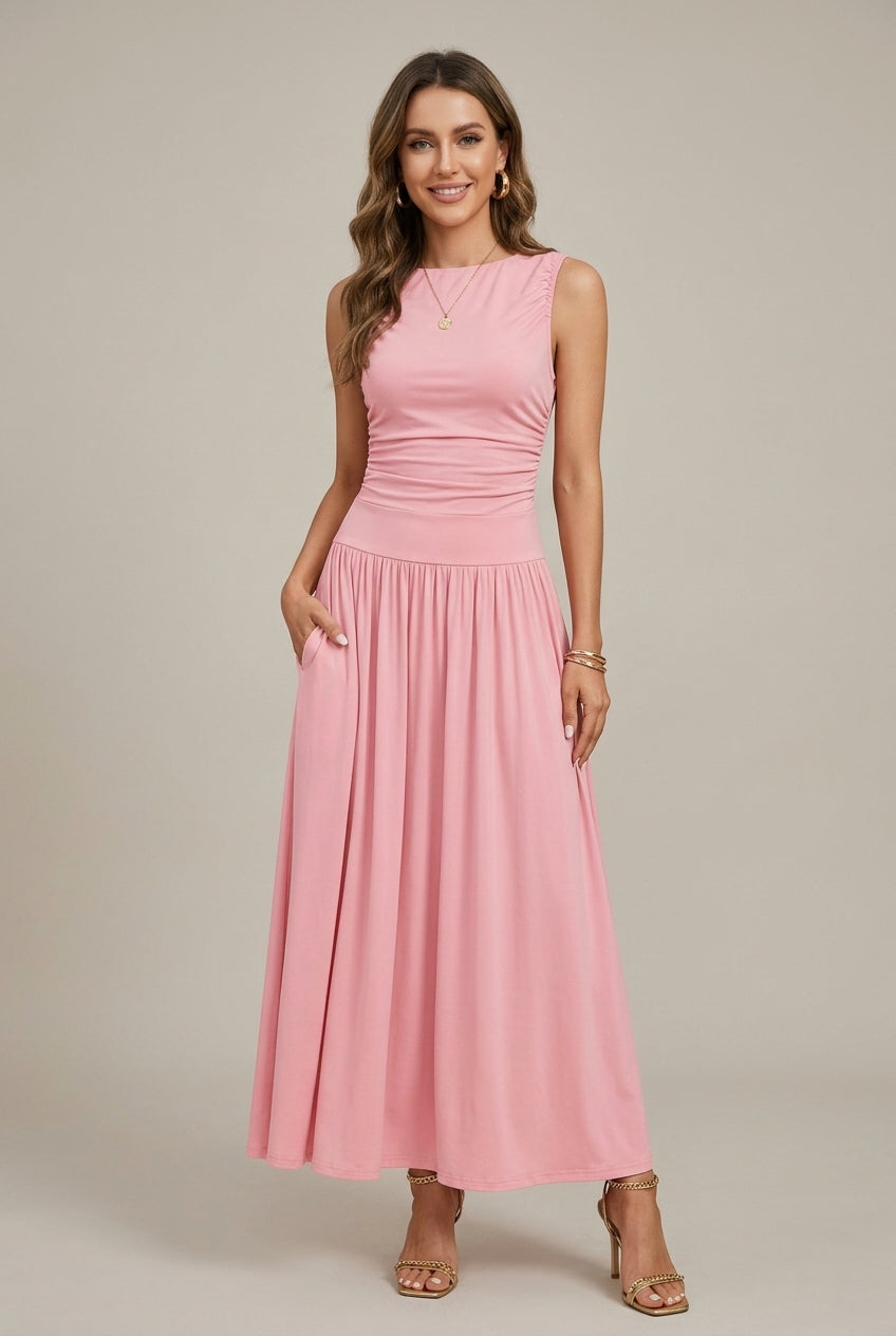 Verity sleeveless round neck ruched waist maxi dress - front view