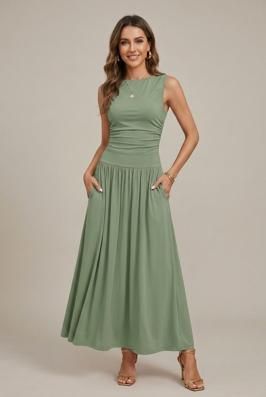 Verity sleeveless round neck ruched waist maxi dress - back view