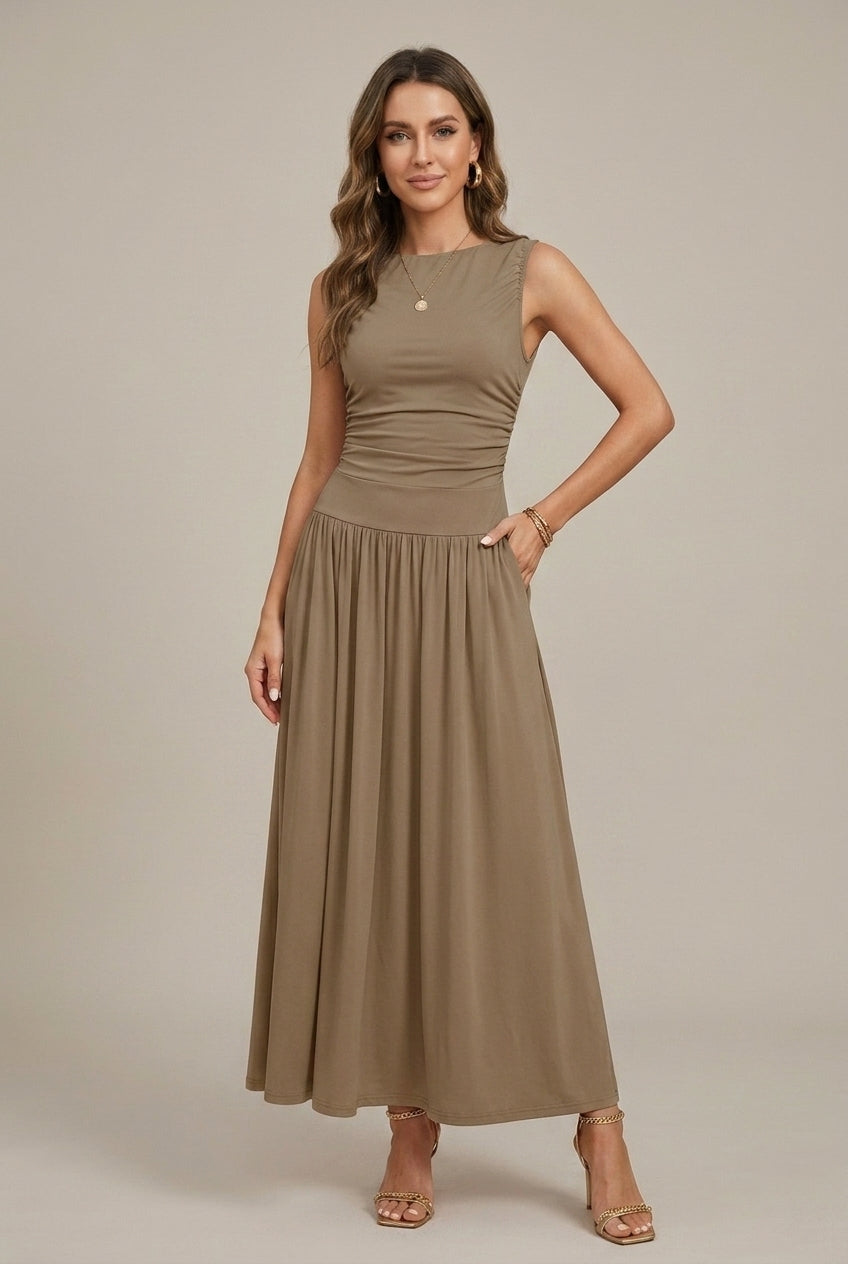 Verity sleeveless round neck ruched waist maxi dress - fabric detail