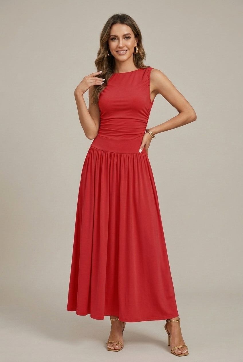 Verity sleeveless round neck ruched waist maxi dress - styled outfit