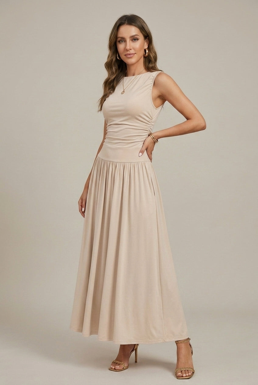 Verity sleeveless round neck ruched waist maxi dress - full look
