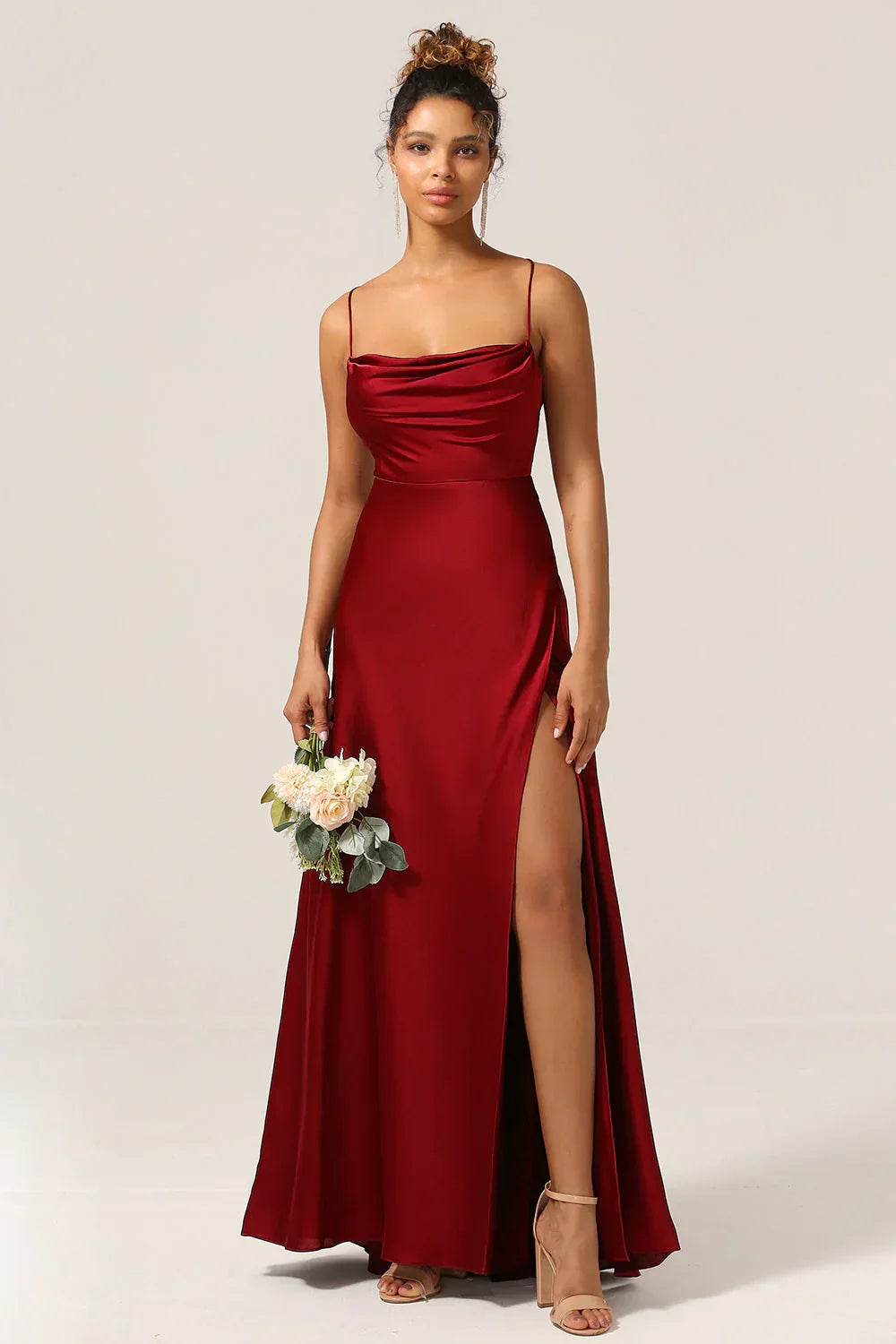 Vinnie satin cowl neck maxi dress with slit - front view