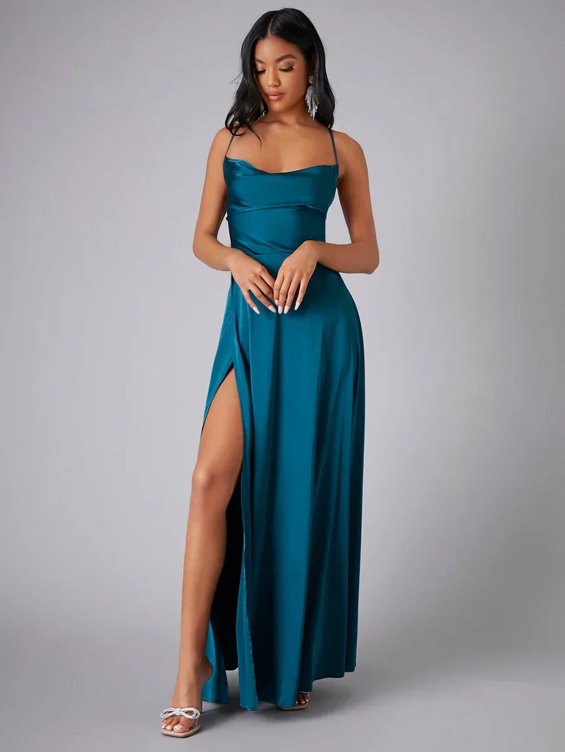 Vinnie satin cowl neck maxi dress with slit - side view