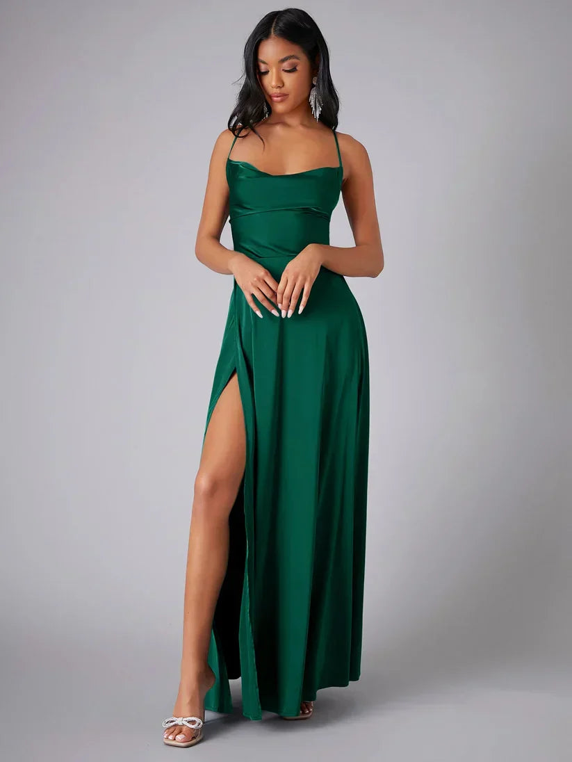 Vinnie satin cowl neck maxi dress with slit - styled outfit