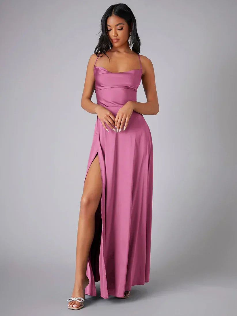 Vinnie satin cowl neck maxi dress with slit - full look