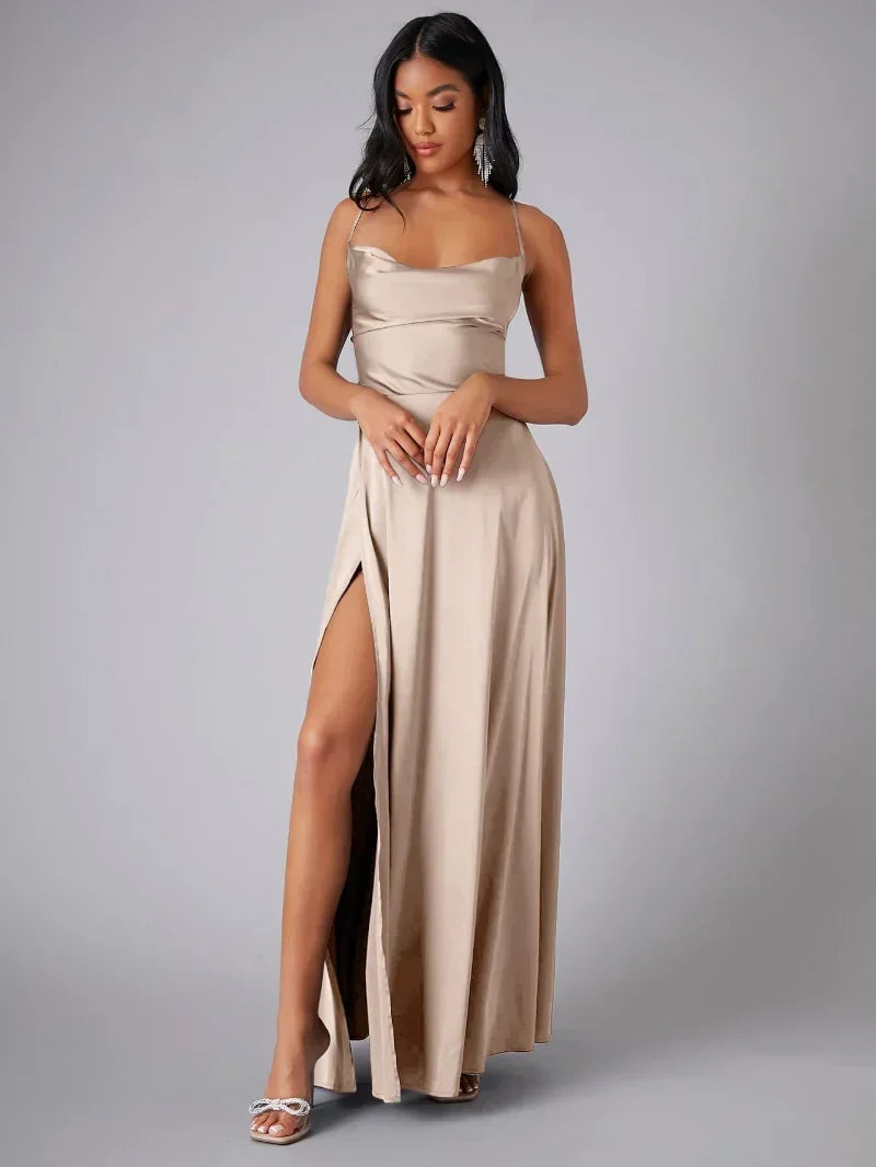 Vinnie satin cowl neck maxi dress with slit - close up