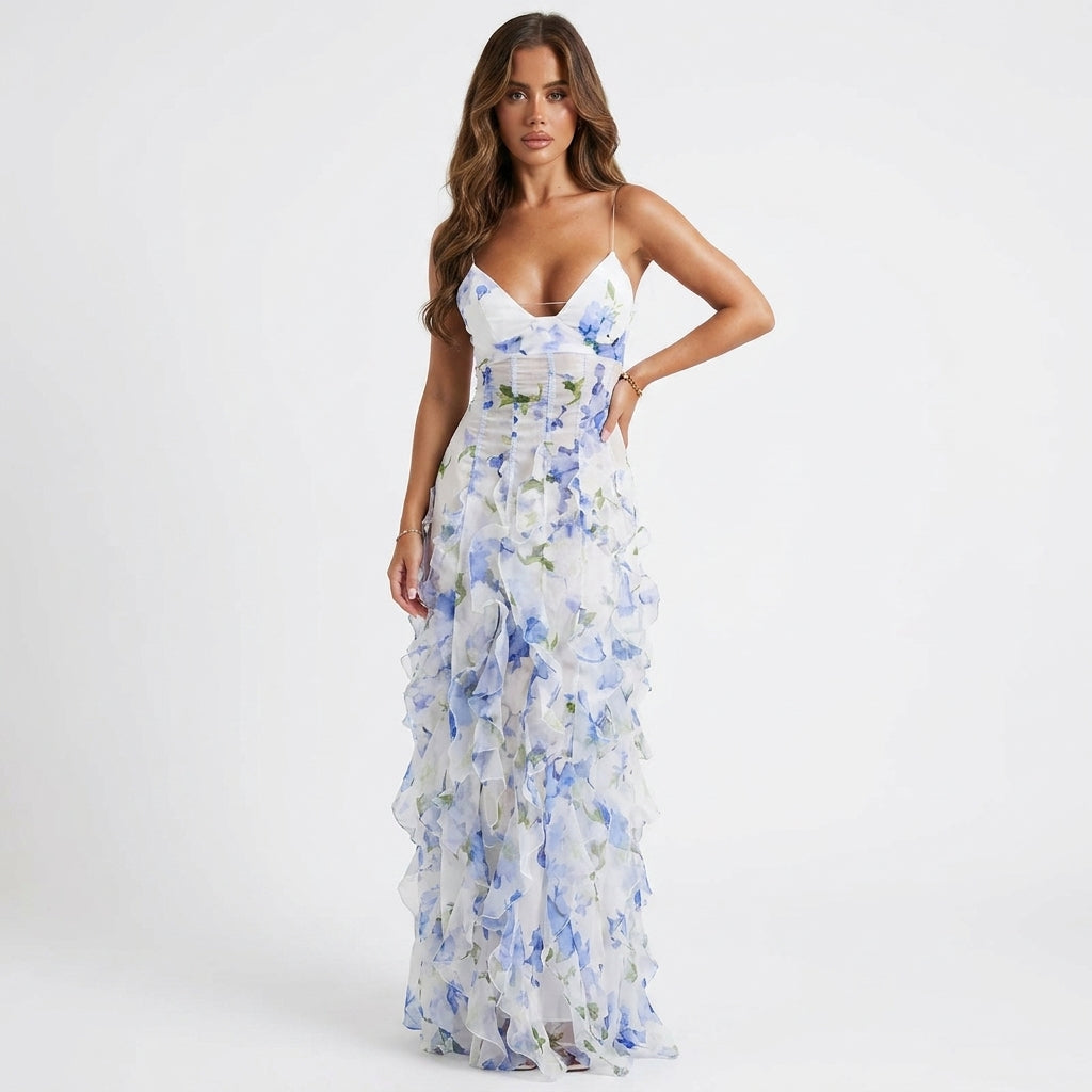 Woman wearing a floral dress on a white background