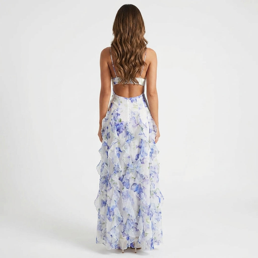 Woman wearing a floral dress with a white background