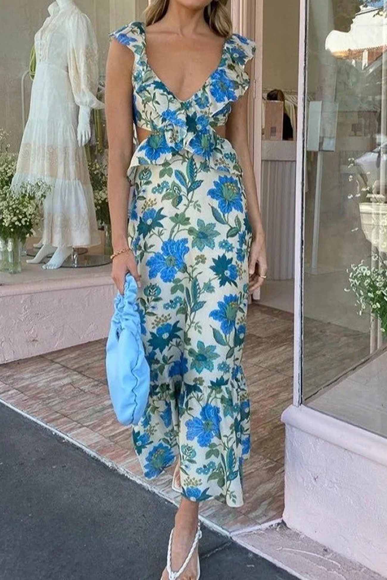 Wanda ruffle strap floral maxi dress - back view