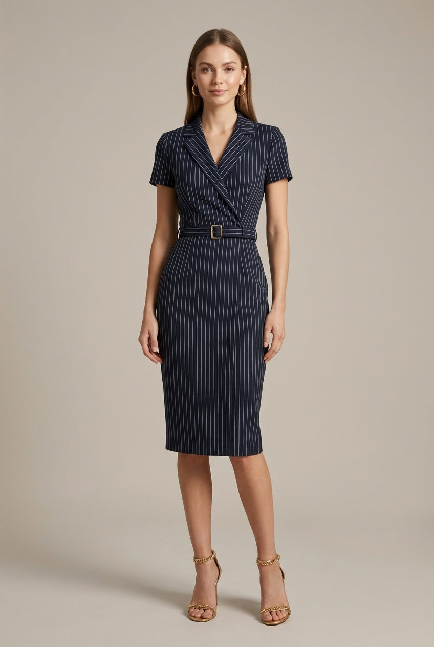 Wilhelmina striped notched lapel belted pencil midi dress - front view