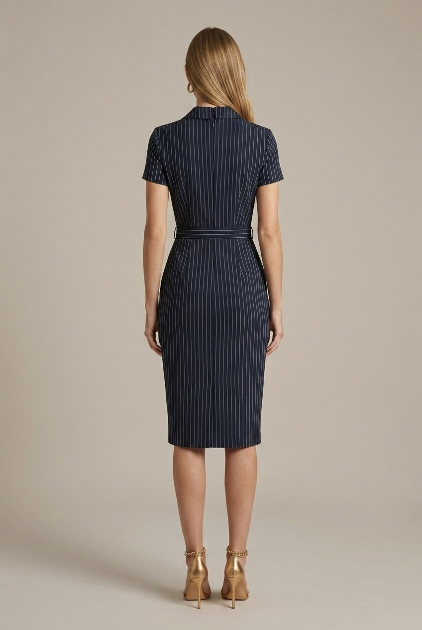 Wilhelmina striped notched lapel belted pencil midi dress - back view