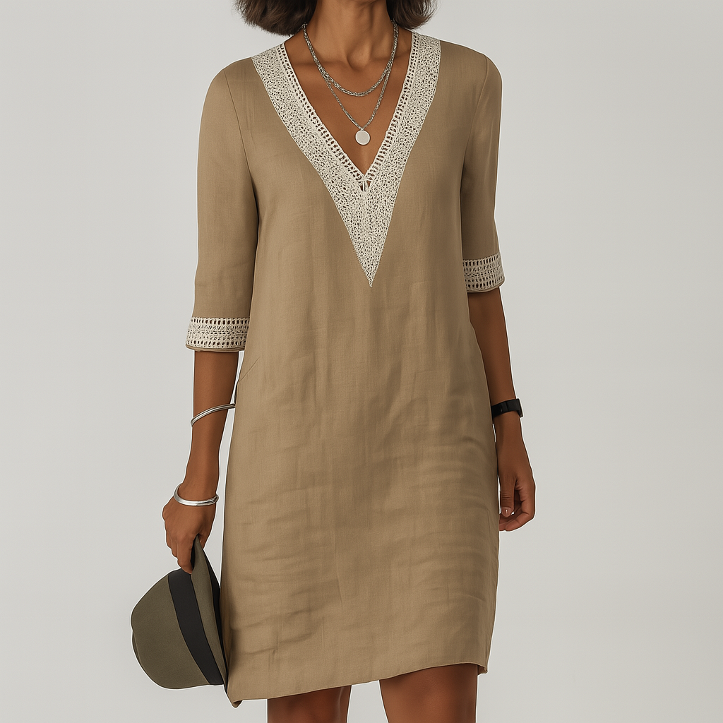Xenia linen V neck lace trim dress - front view
