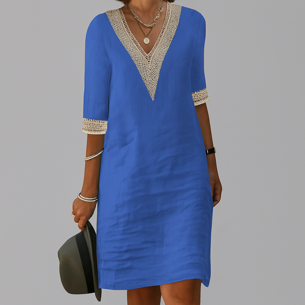 Xenia linen V neck lace trim dress - side view
