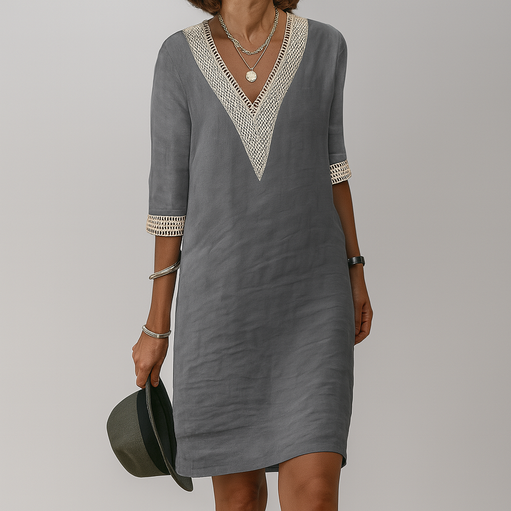 Xenia linen V neck lace trim dress - back view