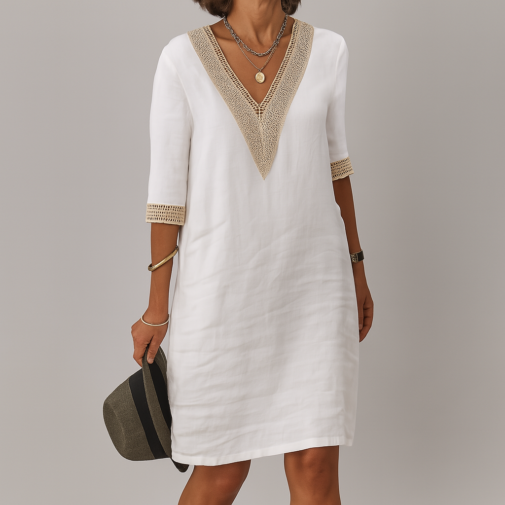 Xenia linen V neck lace trim dress - styled outfit