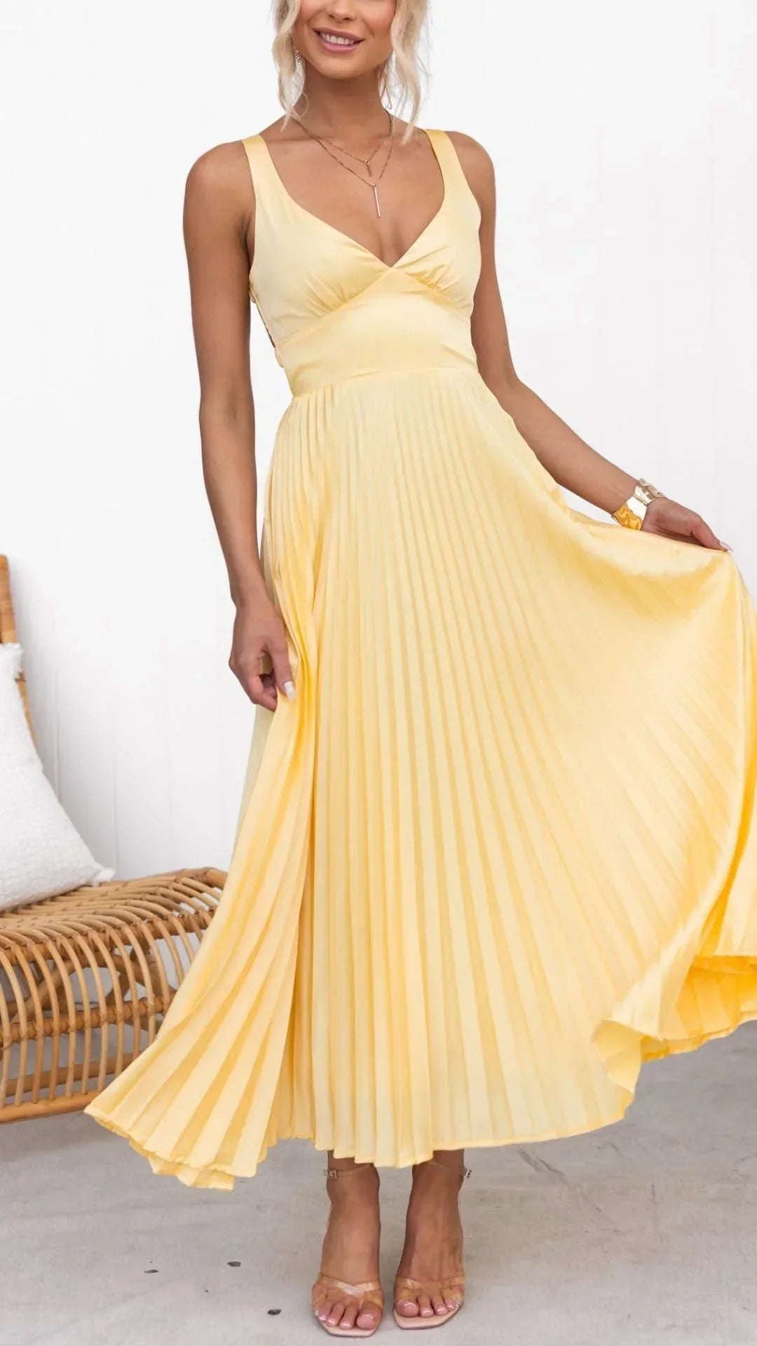 Yara pleated V neck maxi dress - front view