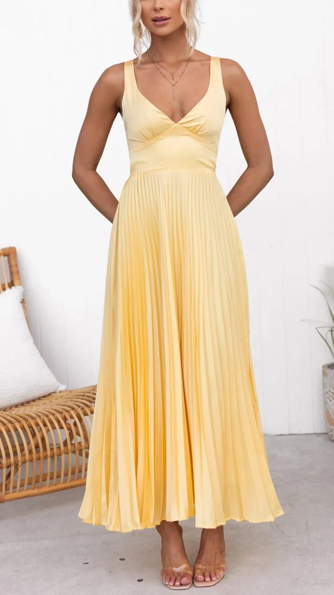 Yara pleated V neck maxi dress - side view