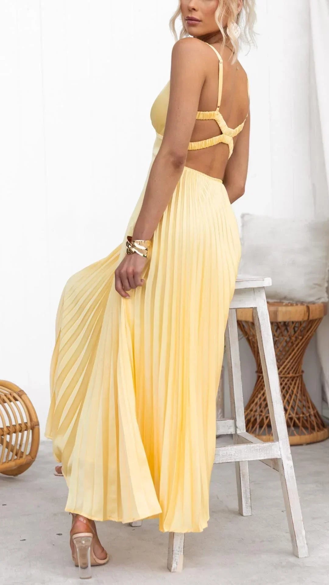 Yara pleated V neck maxi dress - styled outfit