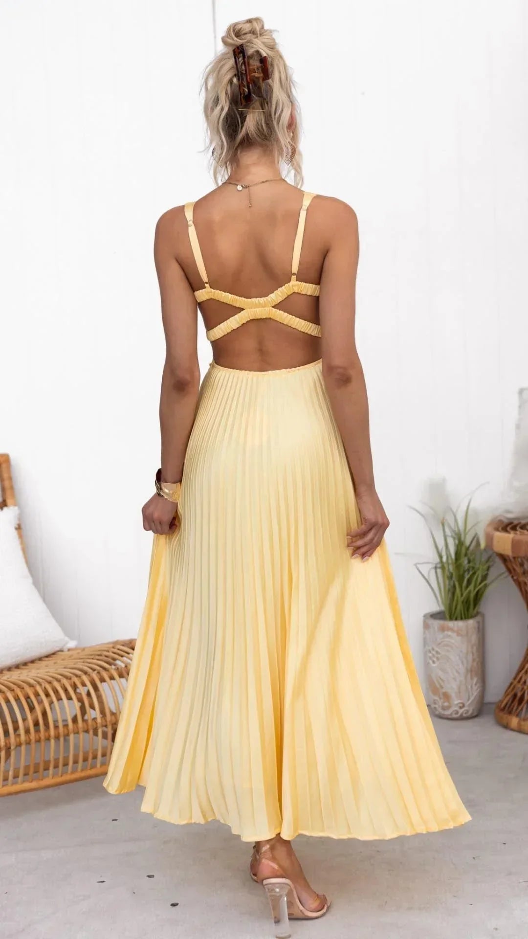 Yara pleated V neck maxi dress - full look
